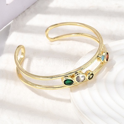 Flat Round Brass Micro Pave Cubic Zirconia Double Layer Cuff Bangles for Women BJEW-K274-16G-1