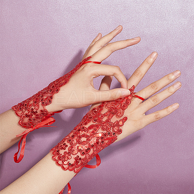 3 Pairs 3 Colors Flower Pattern Embroidered Polyester Fingerless Gloves AJEW-GA0006-14-1
