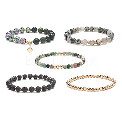 5Pcs 5 Style Natural Mixed Gemstone Beaded Stretch Bracelets Set BJEW-JB09002-1