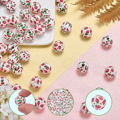 50Pcs 2 Styles Fruit Printed Wood European Beads WOOD-SZ0001-30-1