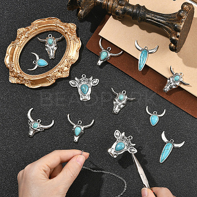 24Pcs 6 Styles Bohemian Synthetic Turquoise Cattle Pendants FIND-SZ0019-83-1