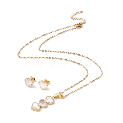 Natural Shell Heart Stud Earrings & Pendant Necklace SJEW-G080-01G-1