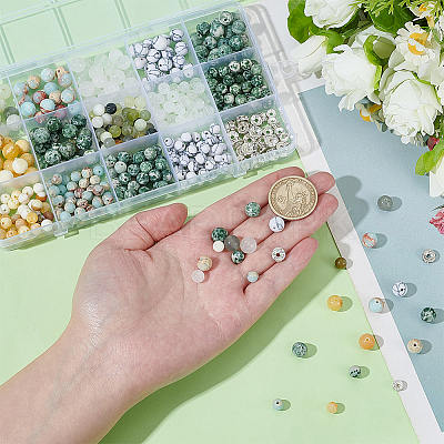 420Pcs Natural & Synthetic Mixed Gemstone Round Beads with 40Pcs Iron Rhinestone Spacer Beads DIY-ME0001-16-1