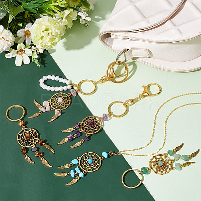 12Pcs Woven Net/Web with Feather Natural & Synthetic Gemstone Pendant Keychain KEYC-PH0001-80-1