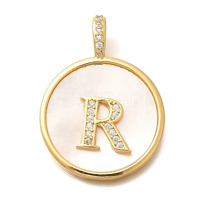 Rack Plating Brass Micro Pave Clear Cubic Zirconia Pendants with Shell KK-M309-42G-R-1