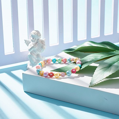 Acrylic Beaded Stretch Bracelet with Heart for Women BJEW-JB07564-1
