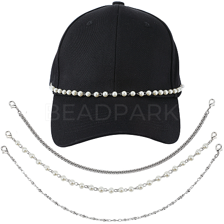 6Pcs 3 Styles 304 Stainless Steel & Round Plastic Pearl Beads Baseball Cap Chain AJEW-SC0003-57-1