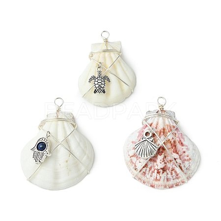 3Pcs Silver Copper Wire Wrapped Natural Scallop Shell Pendants PALLOY-TA00186-1