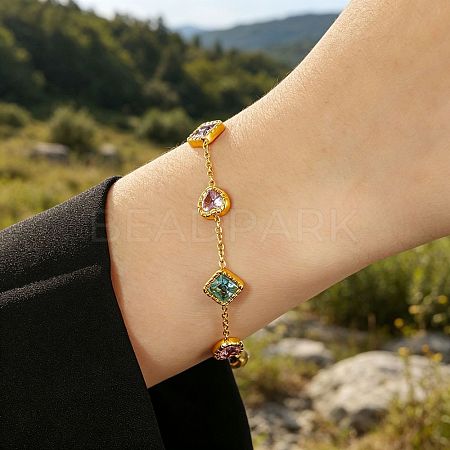 304 Stainless Steel Pave Colorful Cubic Zirconia Rhombus Heart Link Bracelets for Women WG7C819-01-1