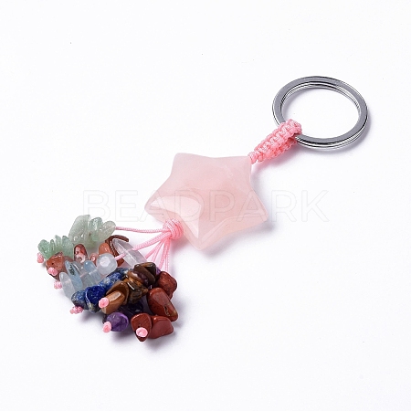 Rose Quartz Star with Mixed Gemstone Chips Beaded Tassel Keychains KEYC-P012-01P-08-1