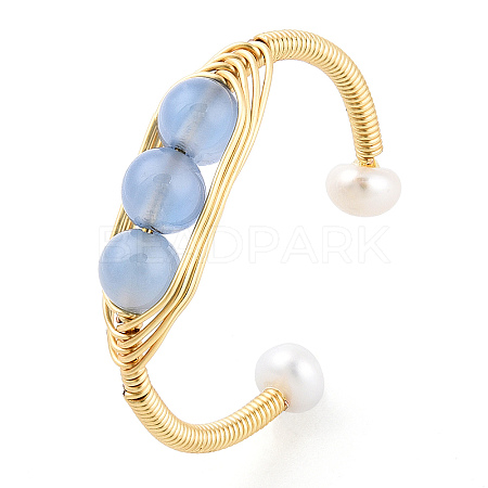 Natural Aquamarine Braided Oval Open Cuff Ring with Pearl Beaded RJEW-T026-11G-1