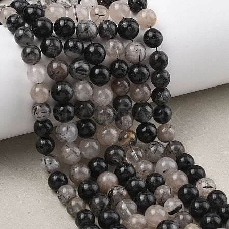 Natural Tourmalinated Quartz/Black Rutilated Quartz Beads Strands G-D361-01A-8-9mm-1