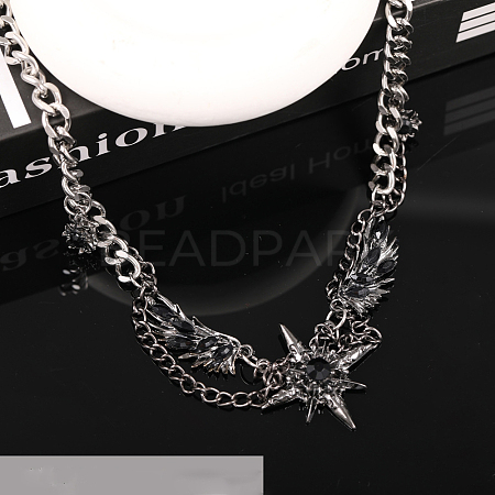 304 Stainless Steel Jet Rhinestone Star with Wings Choker Necklaces for Women FS-WG57FF6-01-1