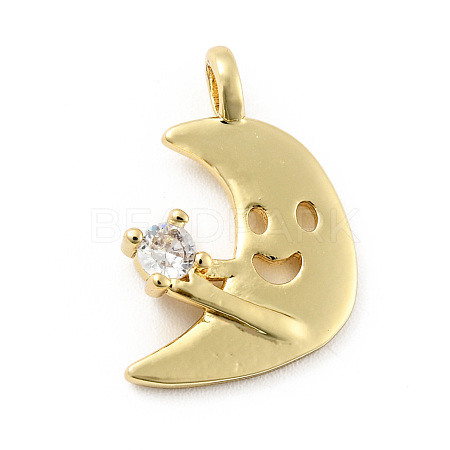 Moon with Smiling Face Brass Micro Pave Clear Cubic Zirconia Pendants KK-G425-07G-1