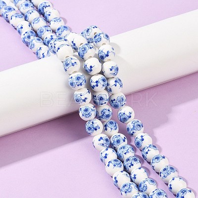 Handmade Flower Printed Porcelain Ceramic Beads Strands PORC-M007-10mm-15-1