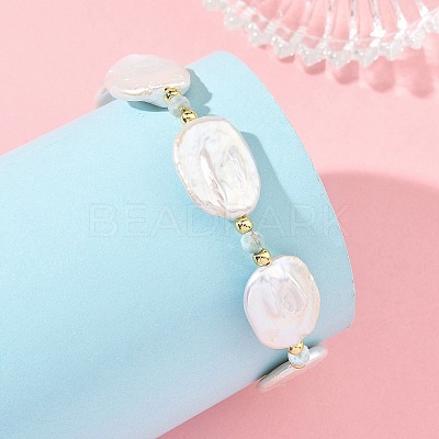 Natural Baroque Keshi Pearl Oval & Natural Larimar & Brass Beaded Bracelets BJEW-JB14338-1