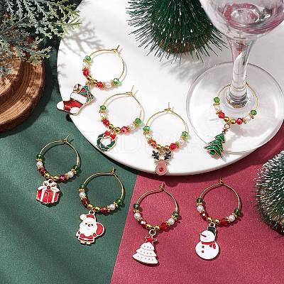 Christmas Theme Electroplate Glass Beads & Alloy Enamel Wine Glass Charms AJEW-JO00256-1