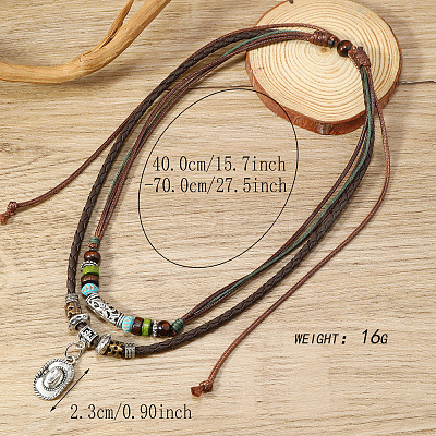 Alloy & Synthetic Turquoise Pendant Porcelain & Wood Beaded Waxed Cord Double Layer Adjustable Necklaces for Men FS-WG67B4F-03-1
