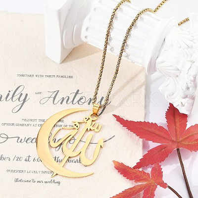201 Stainless Steel Moon & Arabic Pendants Box Chain Necklaces for Women Men LS-NJEW-R013-02G-1