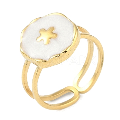 Ion Plating(IP) 304 Stainless Steel Enamel Flat Round with Flower Cuff Finger Rings RJEW-L107-067G-01-1