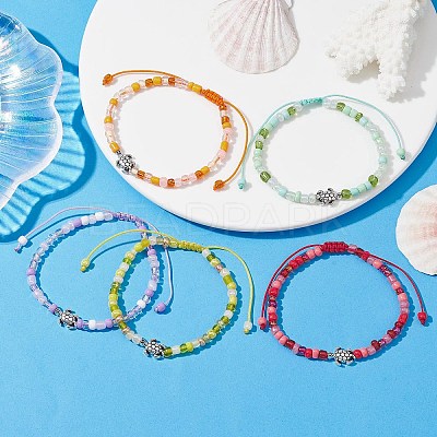 Alloy Tortoise & Glass Seed Braided Bead Bracelet BJEW-JB09750-1