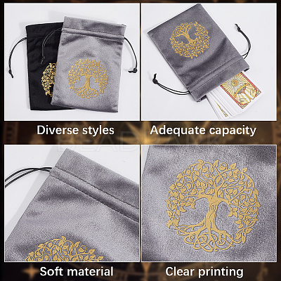 2Pcs 2 Styles Rectangle Gold Stamping Tree of Life Velvet Tarot Storage Drawstring Bags for Divination ABAG-CN0001-53-1
