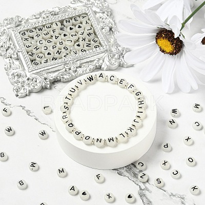 27 Style Flat Round with Black Letter & Heart Acrylic Luminous Beads SACR-YW0001-37-1