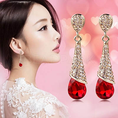 Real 18K Gold Plated Brass Rhinestone Teardrop Stud Earrings EJEW-EE0001-232E-1