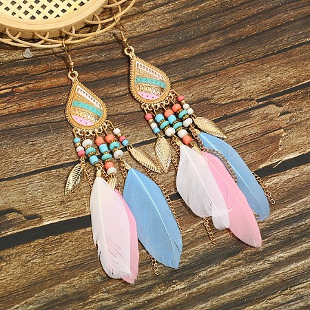 Feather Alloy Seed Beads Dangle Earrings FS-WGA085C-07-1