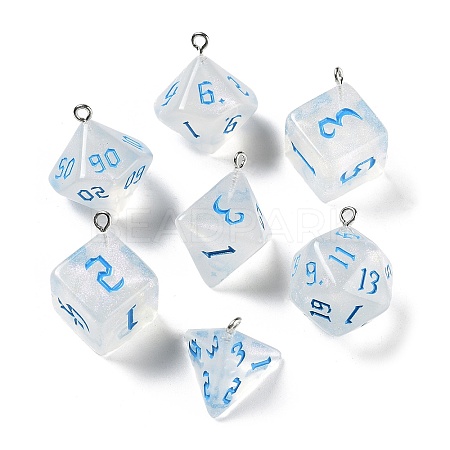 7 Styles Transparent Resin Polyhedral Dice Pendants Set RESI-A029-01I-1