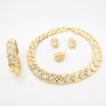 Woven Pattern Alloy with Rhinestone Chain Necklaces & Stud Earrings & Bangles & Rings Sets FS-WG1F788-01-1
