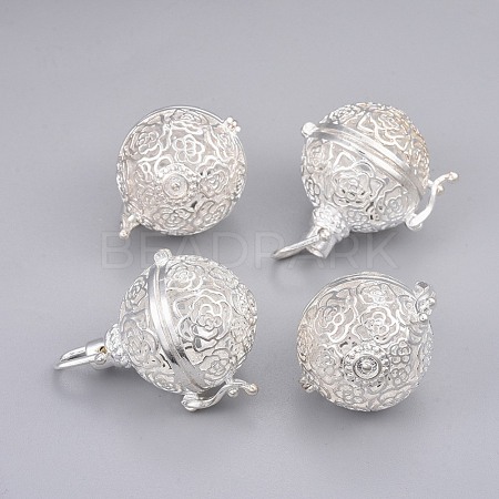 Fashion Hollow Brass Round with Rose Cage Pendants KK-F0300-S-NR-1