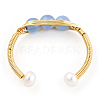 Natural Aquamarine Braided Oval Open Cuff Ring with Pearl Beaded RJEW-T026-11G-5