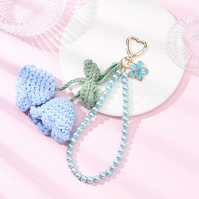 Handmade Cotton Yarn Crochet Lily of the Valley & Glass Pearl Round Bead Pendant Decorations HJEW-JM04389-02-1