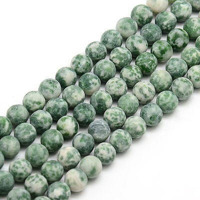Frosted Natural Green Spot Jasper Round Bead Strands G-M064-8mm-10-1