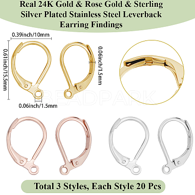 60Pcs 3 Styles 304 Stainless Steel Leverback Earring Findings STAS-BBC0008-30E-1