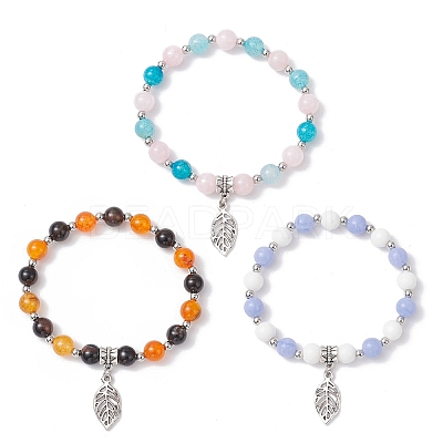 3Pcs 3 Styles Leaf Alloy Charm Bracelets BJEW-JB12467-1