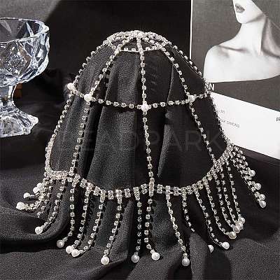 ABS Imitation Pearl & Rhinestone Mesh Headpiece Cap AJEW-WH20017-85P-1