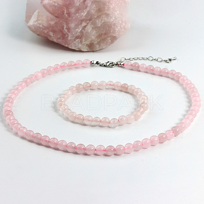Natural Rose Quartz Round Beaded Necklaces & Stretch Beaded Bracelets Sets WG4DE29-02-1