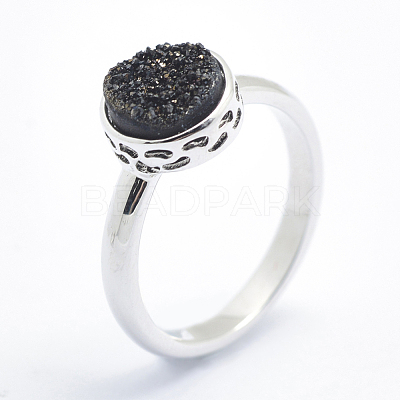 Electroplate Natural Druzy Agate Crystal Finger Rings RJEW-I054-03P-RS-1