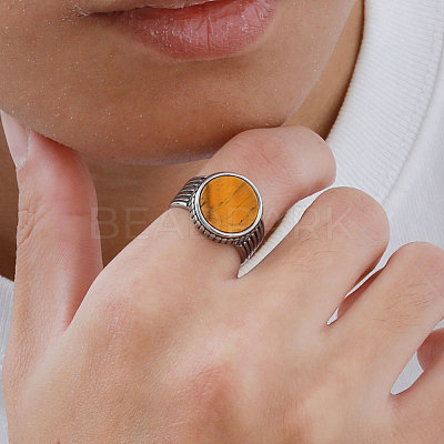304 Stainless Steel with Natural Tiger Eye Finger Rings for Men FS-WGE1297-05-1
