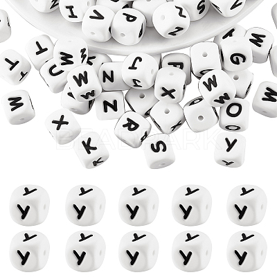 20Pcs White Cube Letter Silicone Beads 12x12x12mm Square Dice Alphabet Beads with 2mm Hole Spacer Loose Letter Beads for Bracelet Necklace Jewelry Making JX432Y-1