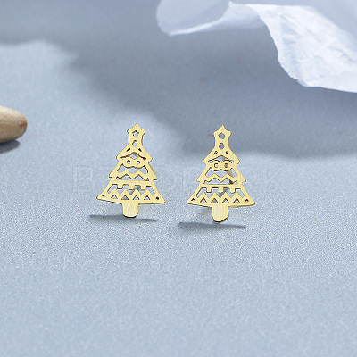 925 Sterling Silver Hollow Christmas Tree Stud Earrings EJEW-F397-01G-1