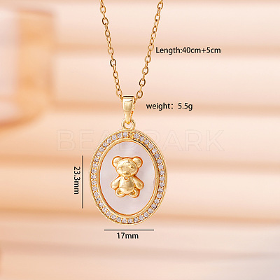 Brass Micro Pave Clear Cubic Zirconia with Natural White Shell Pendant 304 Stainless Steel Cable Chain Necklaces for Women WGAF233-01-1
