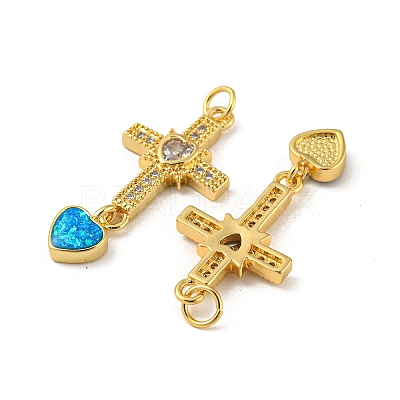 Cross with Heart Brass Pendants Micro Pave Cubic Zirconia with Synthetic Opal KK-K356-05G-1