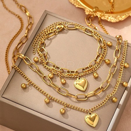 Heart 304 Stainless Steel Double Necklaces & Bracelets Sets for Women SJEW-F226-03G-1