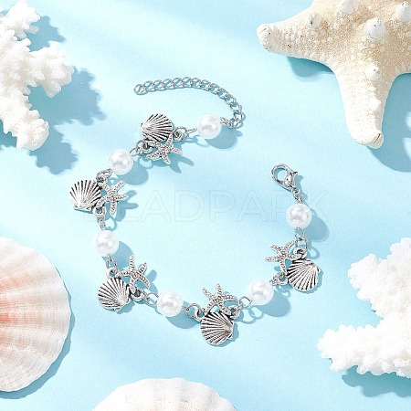 Ocean Series Alloy Shape Shell & Starfish Link Bracelets BJEW-JB11840-01-1
