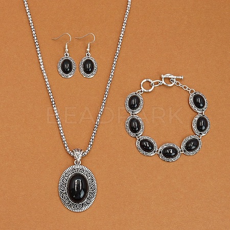 Oval Alloy with Synthetic Turquoise Pendant Necklaces & Dangle Earrings & Link Bracelets Sets WGD1135-08-1