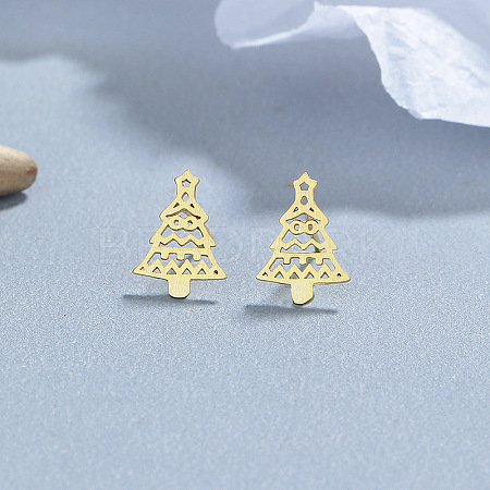 925 Sterling Silver Hollow Christmas Tree Stud Earrings EJEW-F397-01G-1