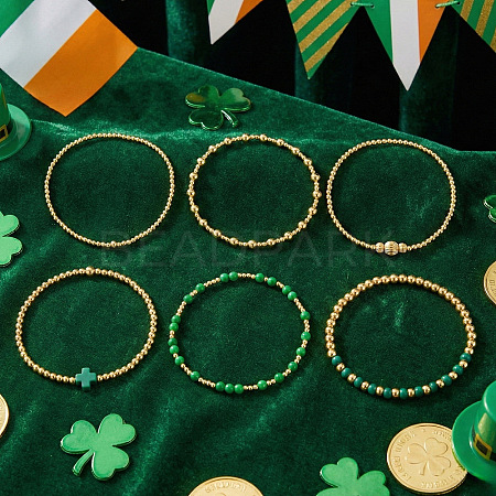6Pcs St. Patrick's Day Brass & Glass Seed Bead Stretch Bracelets for Women MR9061-8-1